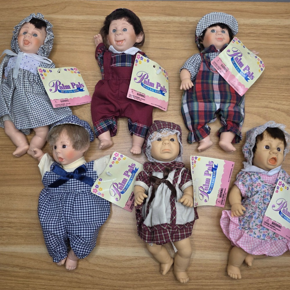 Vintage GiGo Expressions Palm Pals Set of 6 Bean Bag Doll 8" New With Tags 1990s